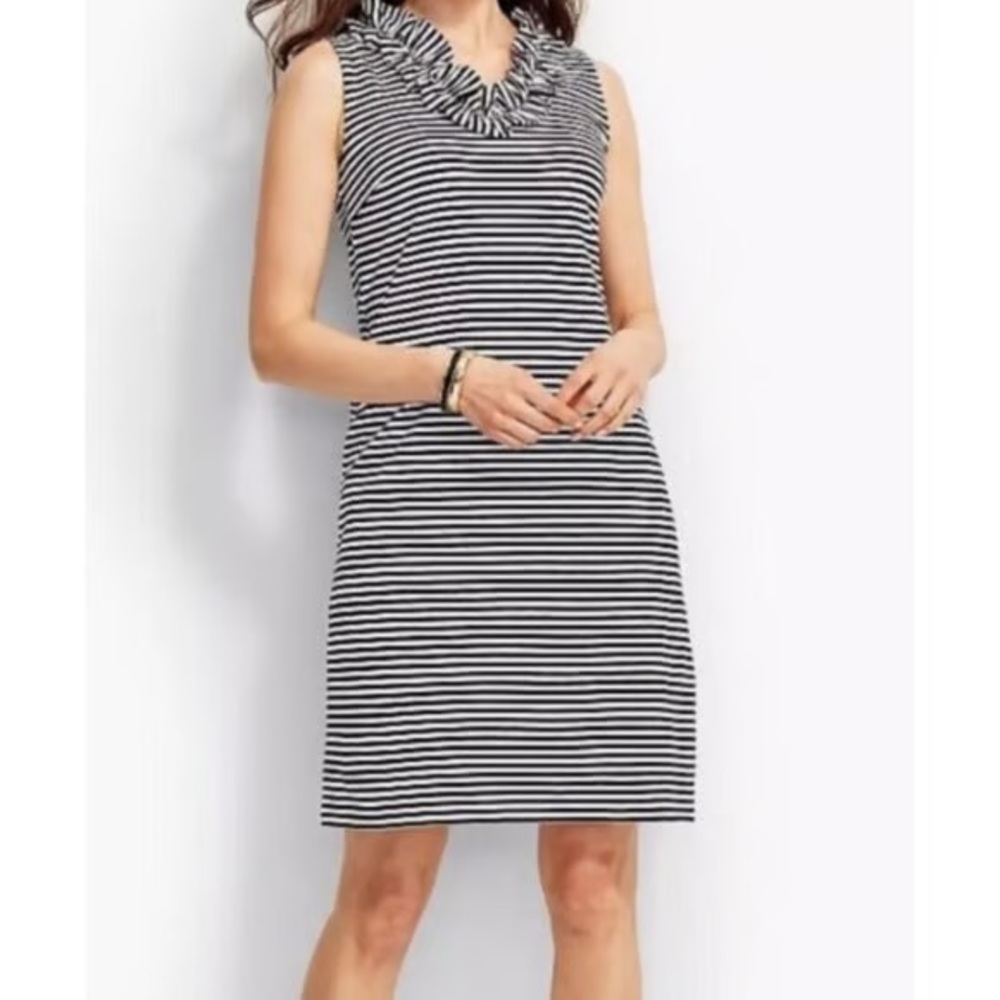 Talbots Nautical Ruffle Neck Sleeveless Black & White Striped Dress Size Large L